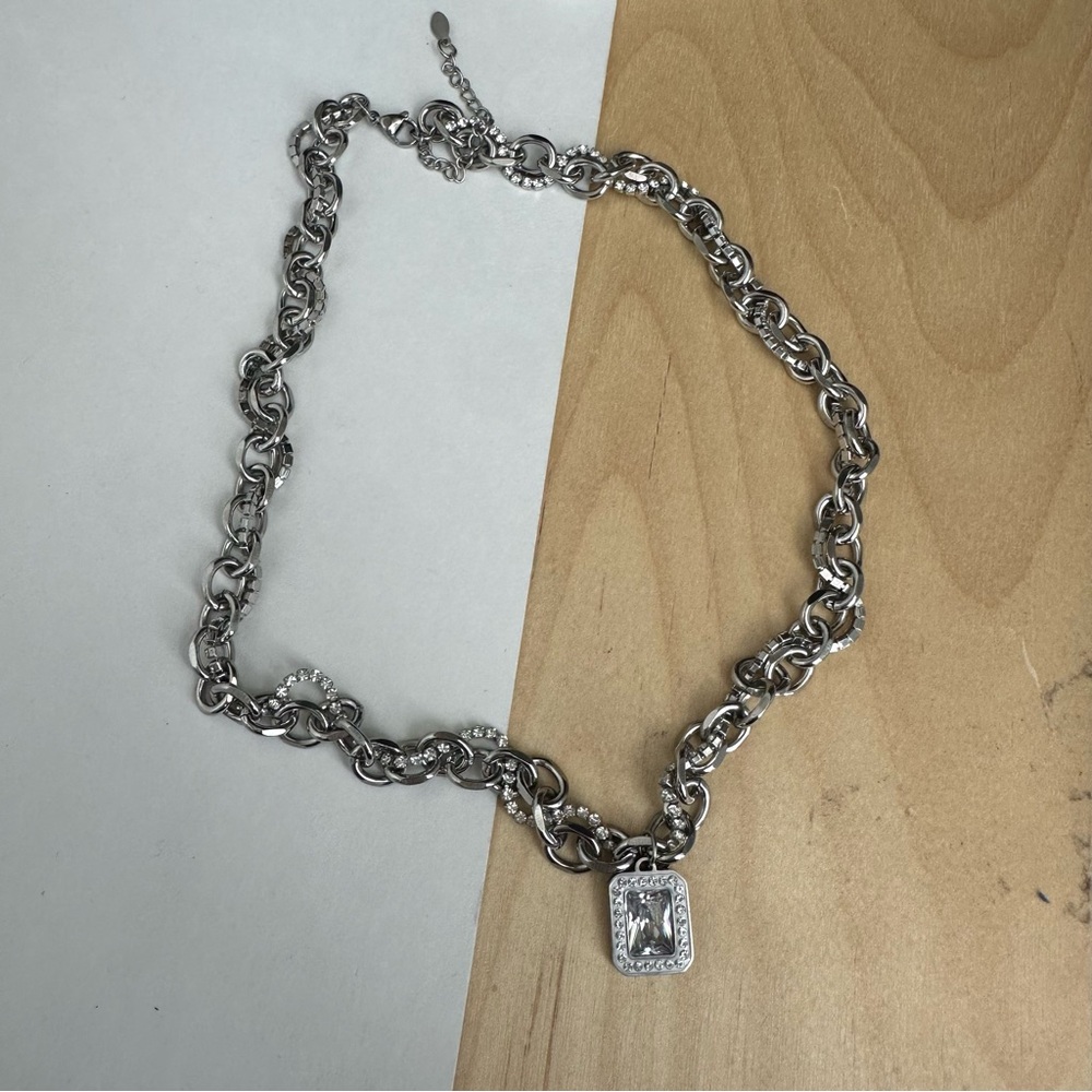 Stainless Steel Crystal Chunky Charm Pendant Necklace Paperclip Chain - Picture 7 of 9